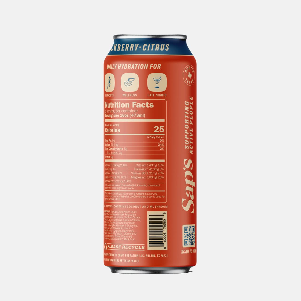 Red can with blue label on a white background