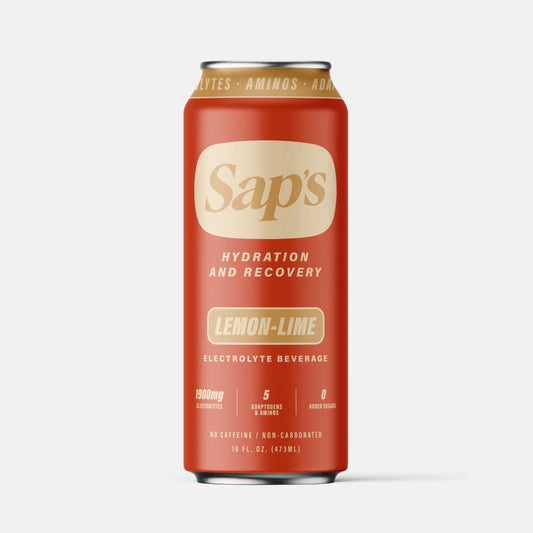 Red can of Sap's lemon-lime electrolyte beverage on a white background