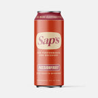 Red can of Sap's Passionfruit electrolyte beverage on a white background
