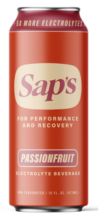 Red can of Sap's Passionfruit electrolyte beverage with branding and text on a white background