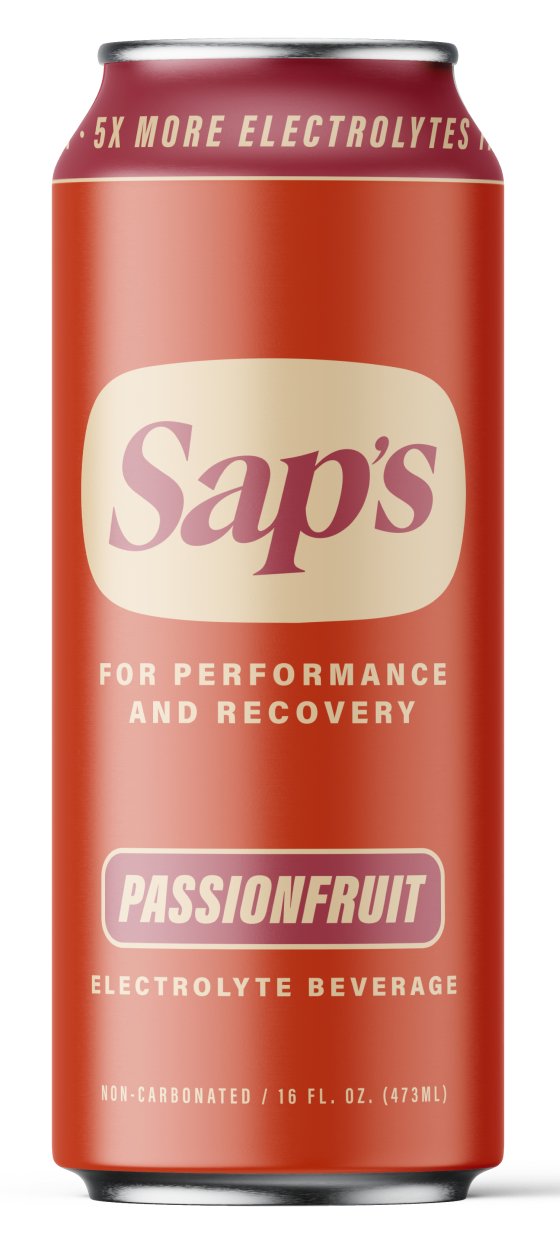 Red can of Sap's Passionfruit electrolyte beverage with branding and text on a white background