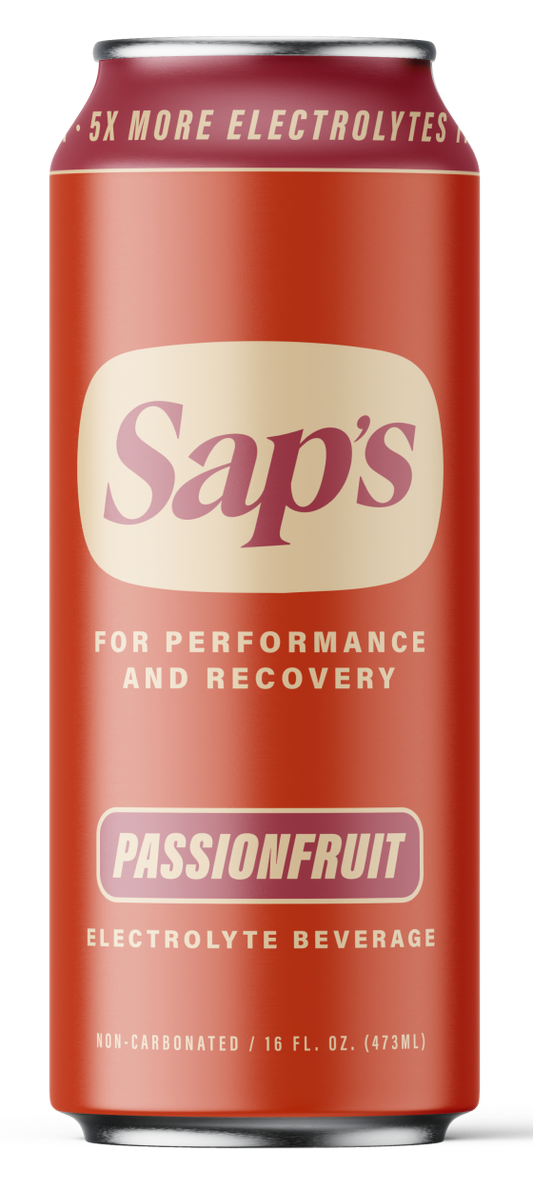 Red can of Sap's Passionfruit electrolyte beverage with branding and text on a white background